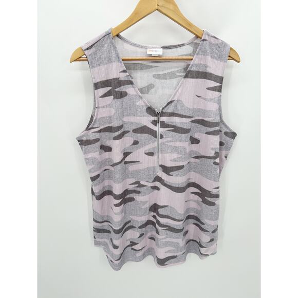 Lularoe Top Women LAGE Pink Purple Grey Camo Print V-Neck Front Zip Tank - Picture 1 of 7